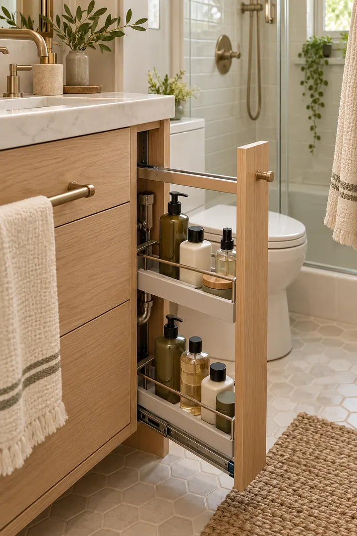 Tiny bathroom vanity with a narrow side pullout holding tall bottles on two open shelves.