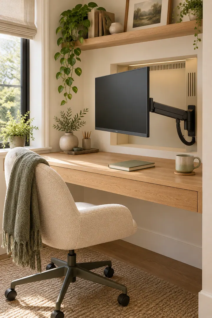Compact home office with a blank monitor pivoting from a shallow wall recess above an oak desk.