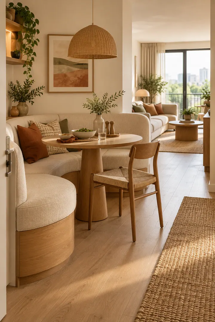 Compact studio dining nook with a curved-end upholstered bench, pedestal table, and one chair.