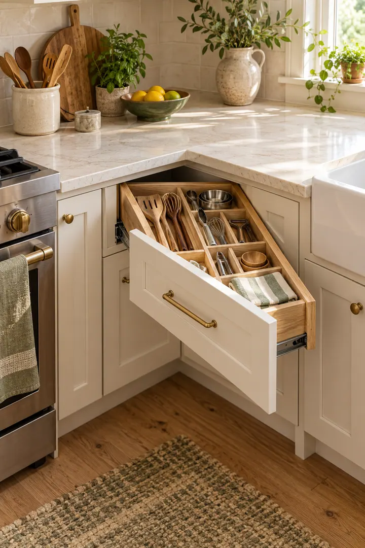 Compact L-shaped kitchen with an open diagonal corner drawer and fitted utensil organizer.