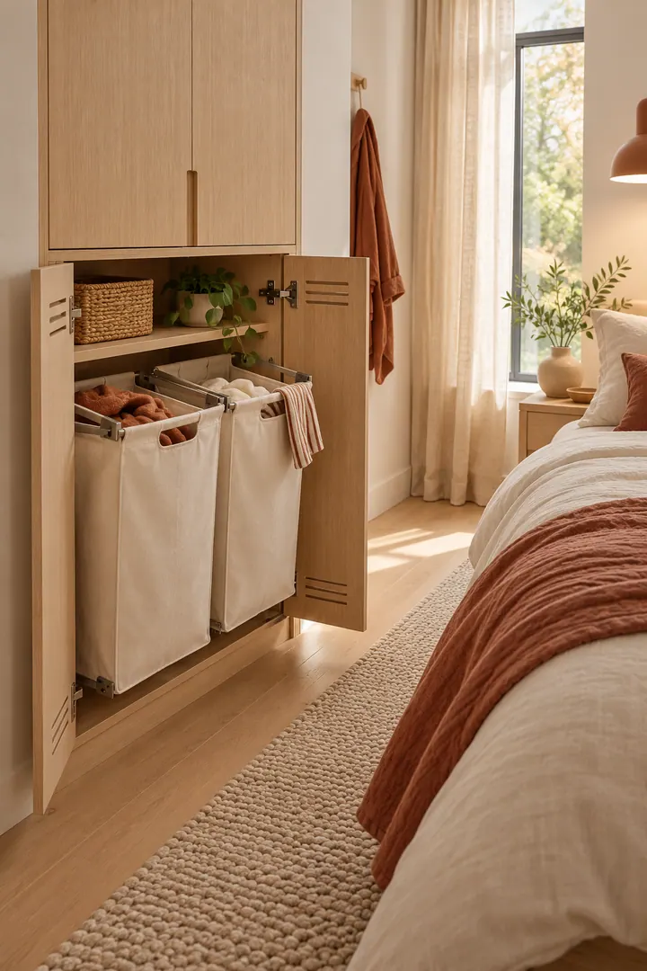 Shallow bedroom cabinet open to show two removable hanging canvas laundry bags.