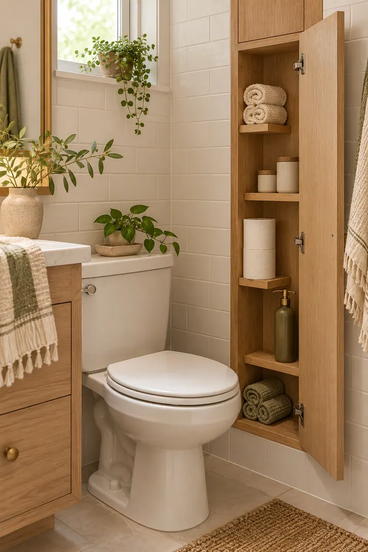 Narrow bathroom wall cabinet with alternating half-shelves holding mixed-height supplies.