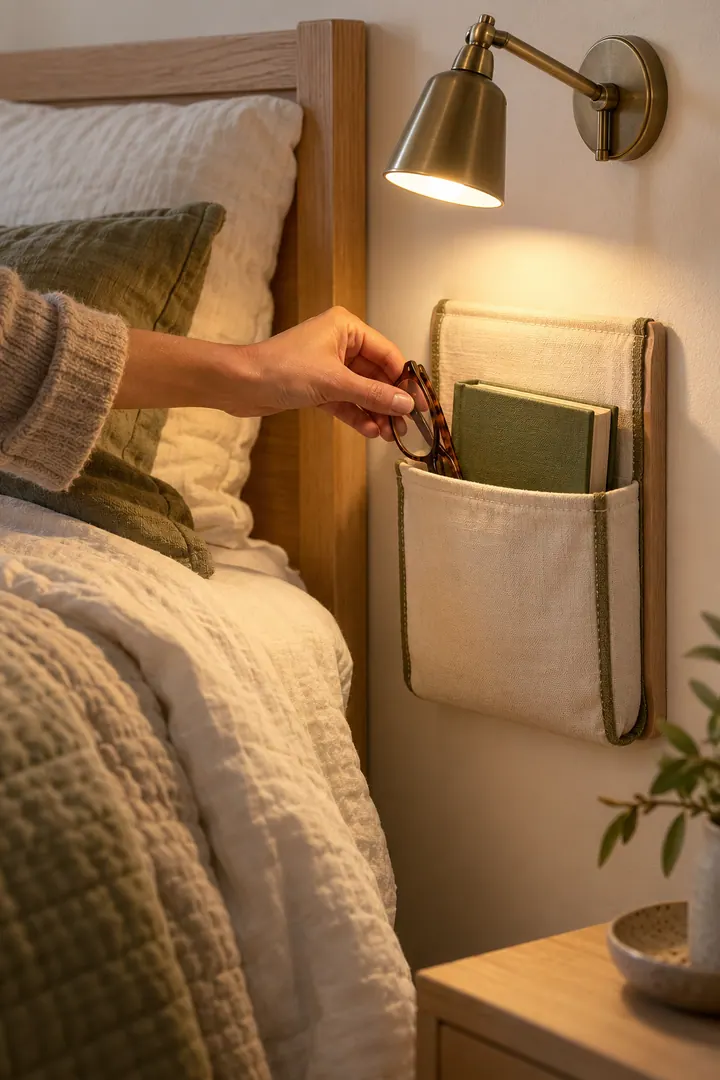 Close-up of a hand placing glasses and a book into a fabric sleeve beneath a bedside wall light.