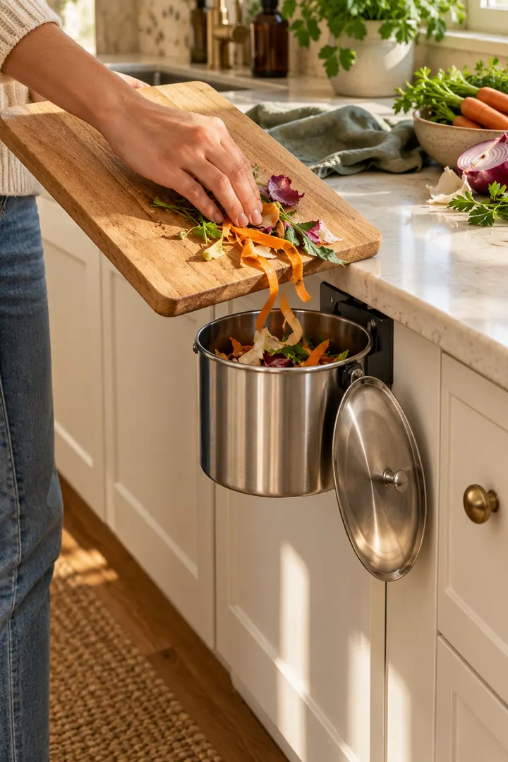Close-up of vegetable peelings being swept into a removable scrap cup docked below a kitchen counter.