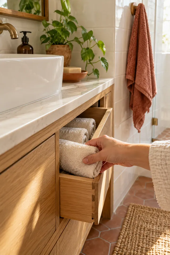 Close-up of a hand removing a rolled cream towel from an open-front vanity drawer.