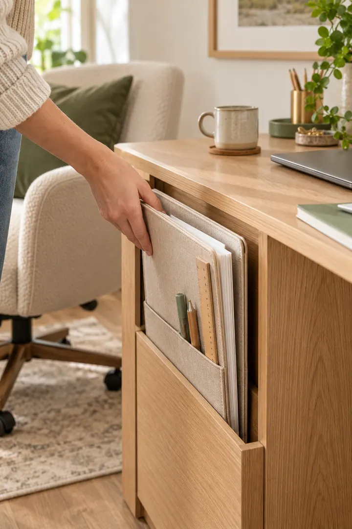 Close-up of a hand docking a linen project folio in a vertical slot beside a compact oak desk.