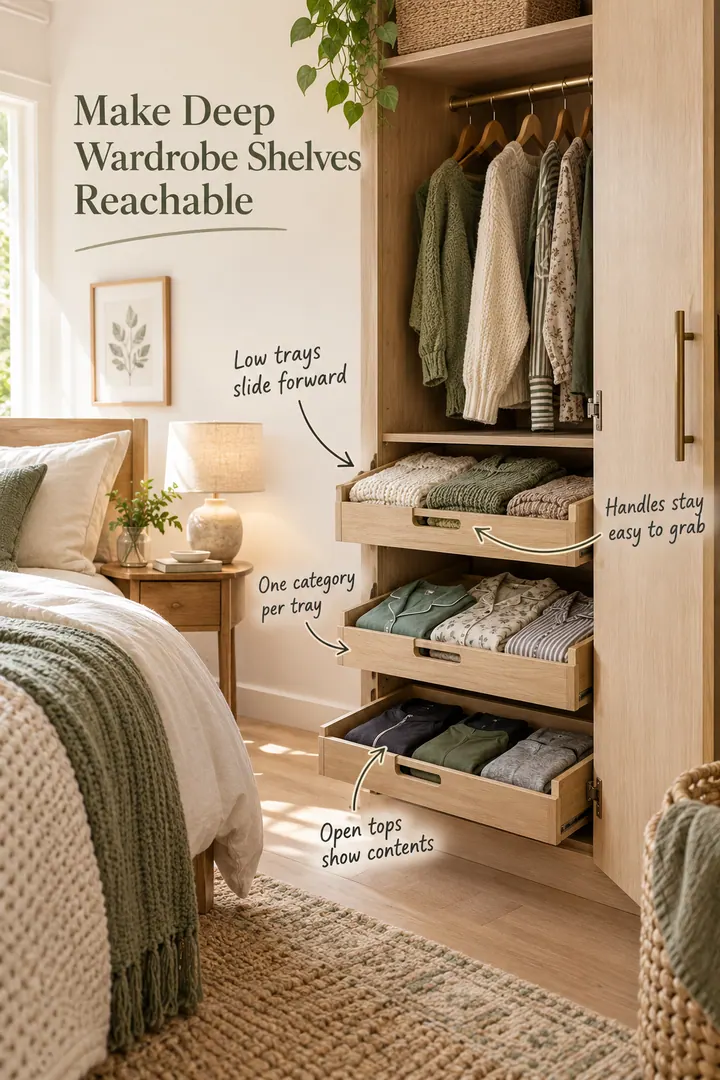 Compact oak bedroom wardrobe with deep shelves organized by low handled pull-forward clothing trays and four annotated storage tips.