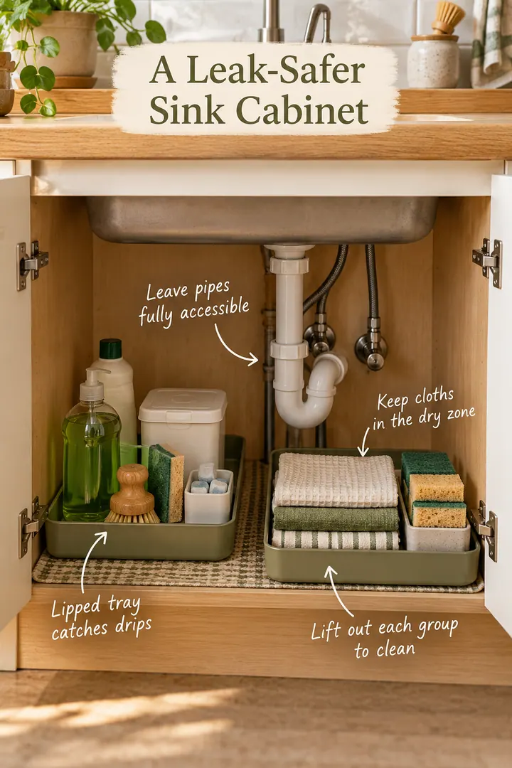 Open compact kitchen sink cabinet divided into removable wet and dry trays with annotations explaining leak-conscious storage.