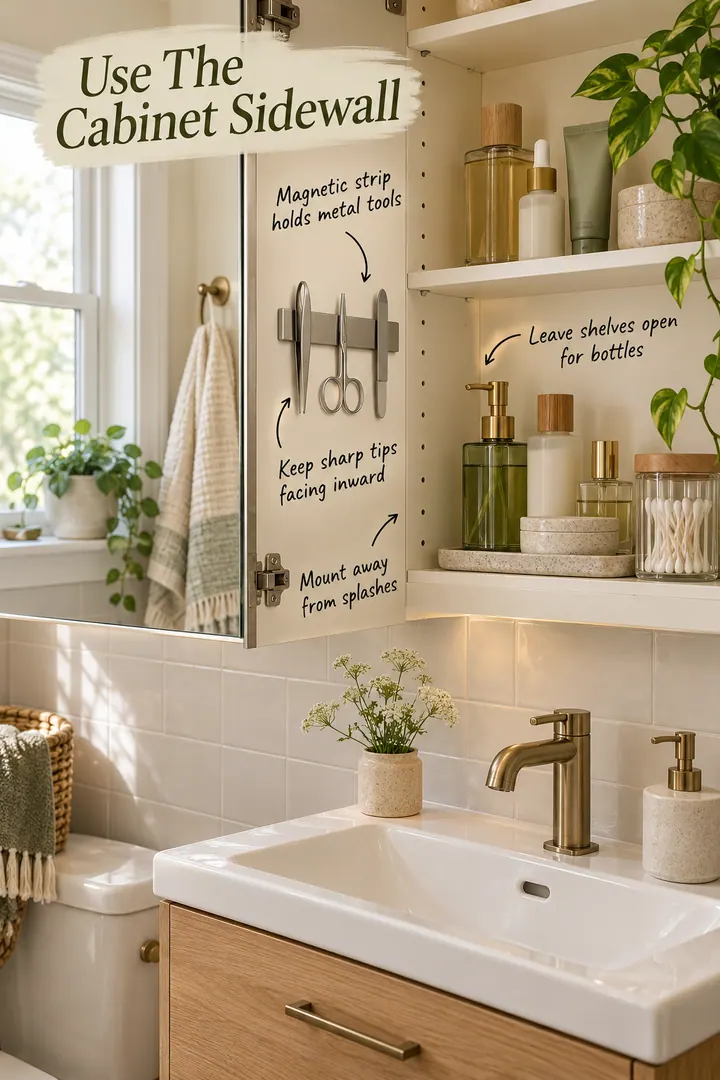 Open mirrored bathroom cabinet with a magnetic side strip holding small metal grooming tools beside organized bottles.