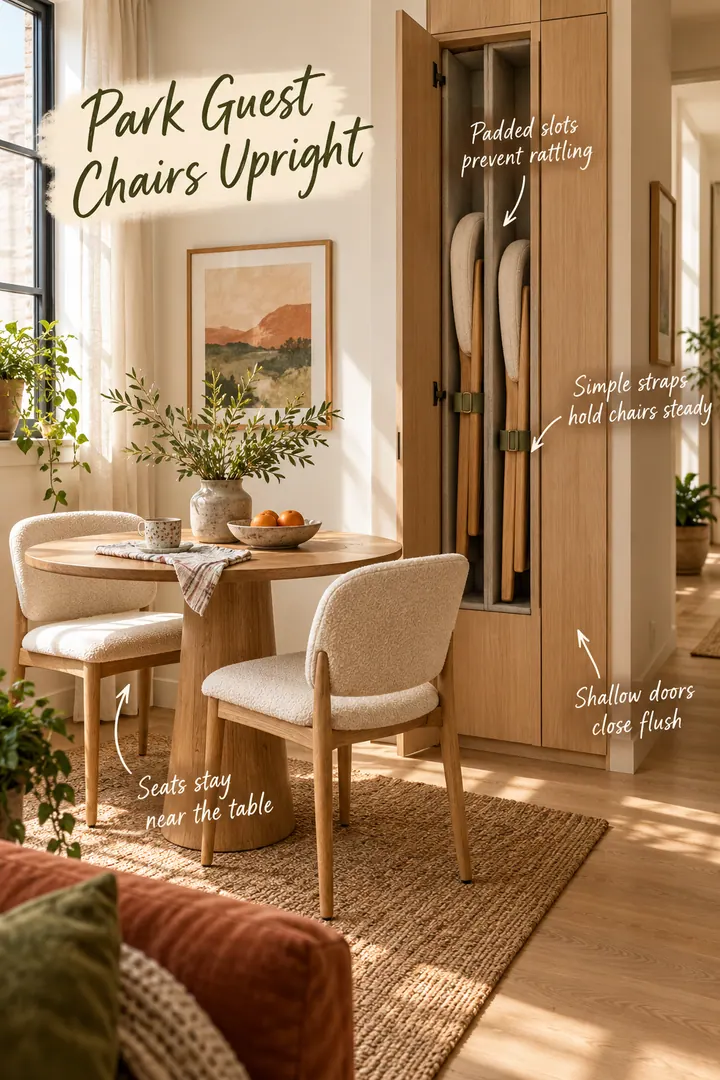 Studio dining corner with two folding guest chairs secured upright inside a shallow wall cabinet.