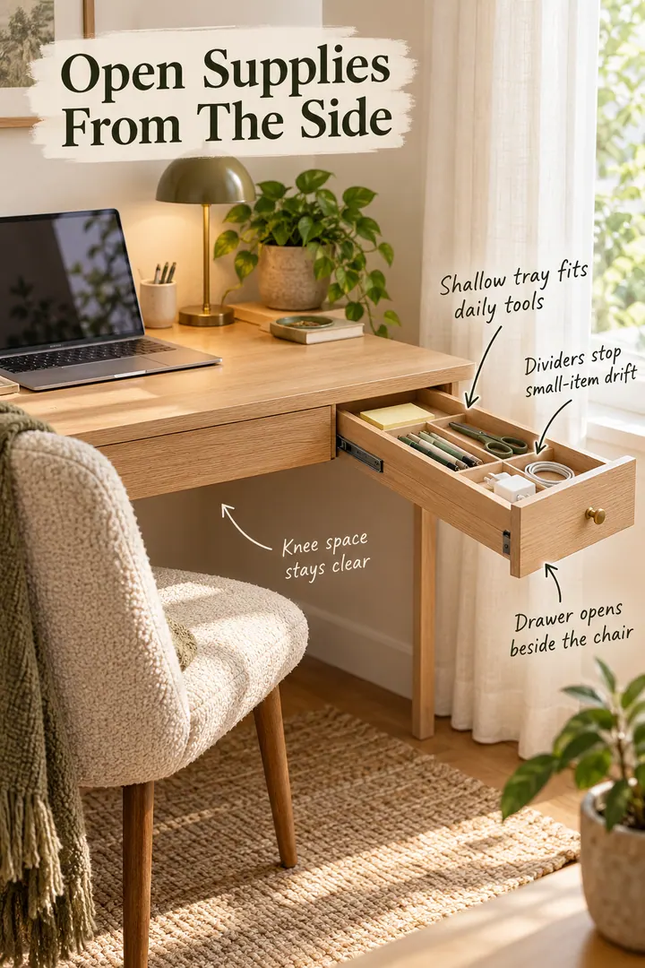 Compact desk with a shallow side-opening divided drawer holding stationery while the knee space remains clear.