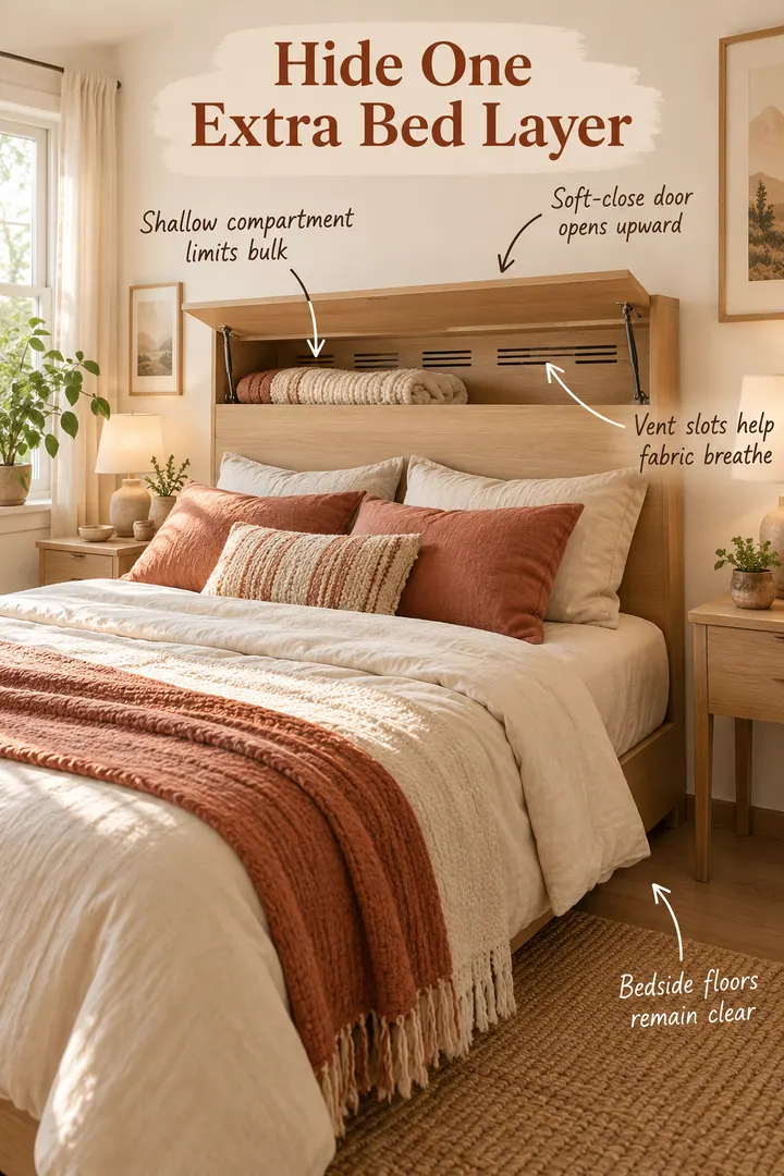 Compact bedroom with an upper headboard compartment open to reveal one folded blanket and annotated storage details.