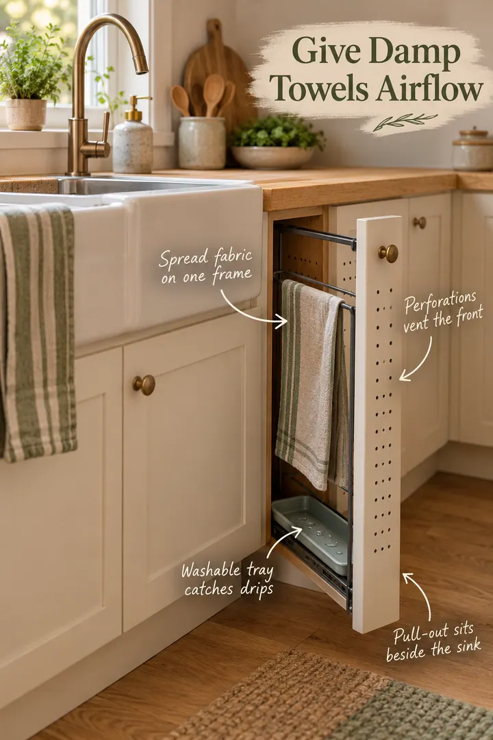 Narrow ventilated kitchen pull-out holding one spread dish towel above a removable drip tray.