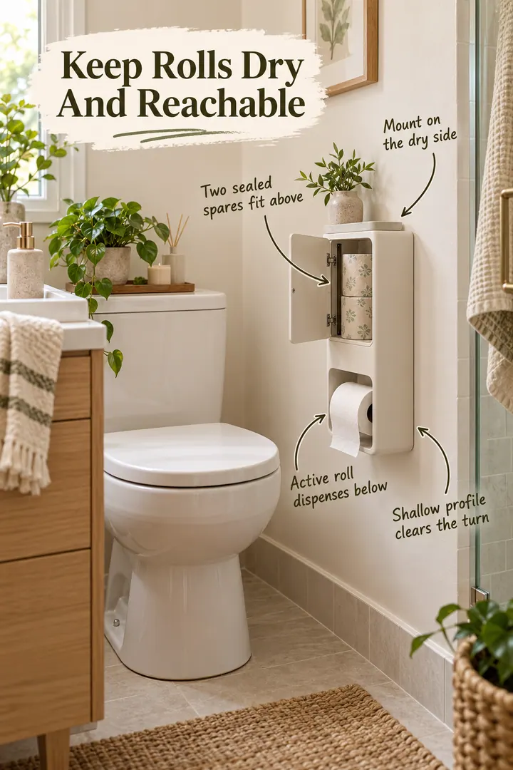 Tiny bathroom with a shallow wall cassette dispensing one toilet roll and storing two wrapped spares.