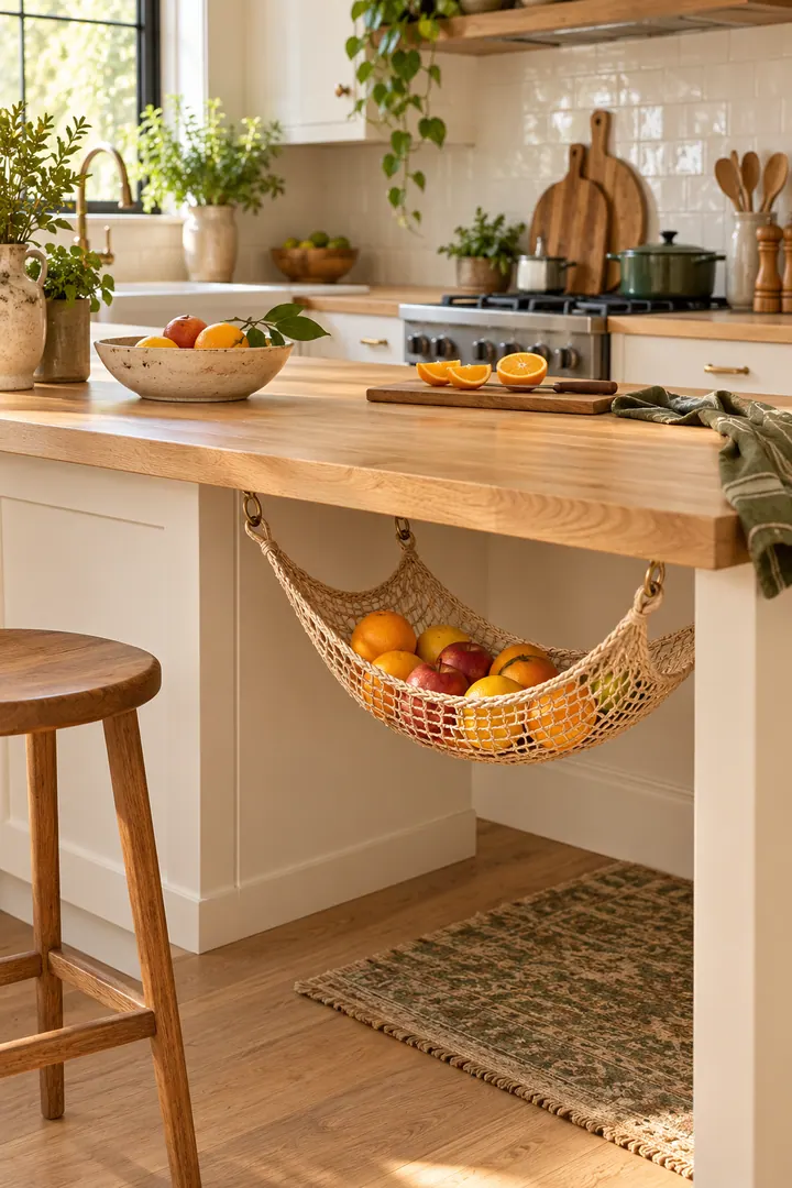 Compact kitchen with apples and citrus stored in a removable woven hammock beneath an open counter edge.