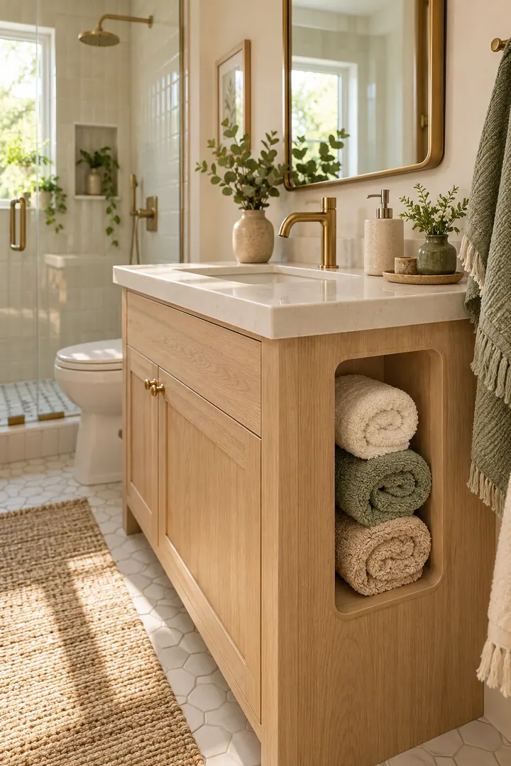 Small bathroom vanity with a flush side cubby holding three rolled clean hair towels.