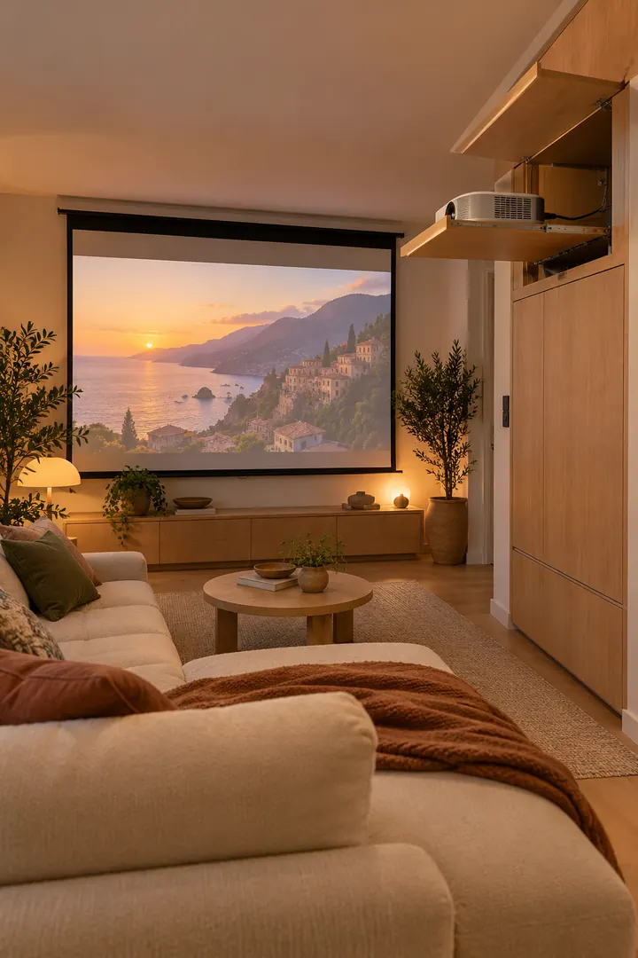 Warm studio apartment with a compact projector extended from a ventilated high cabinet toward a plain screen.