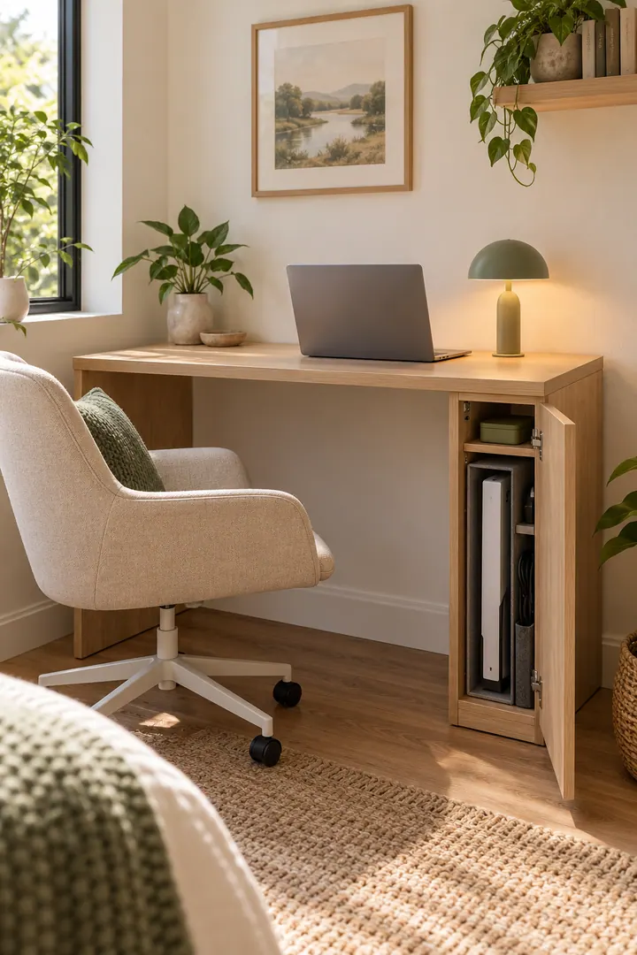 Compact desk pedestal open to show a portable document scanner stored upright in a padded slot.