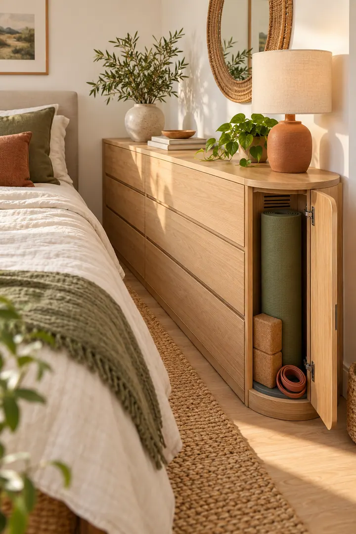 Compact bedroom dresser with a rounded end compartment holding a yoga mat, blocks, and resistance band.