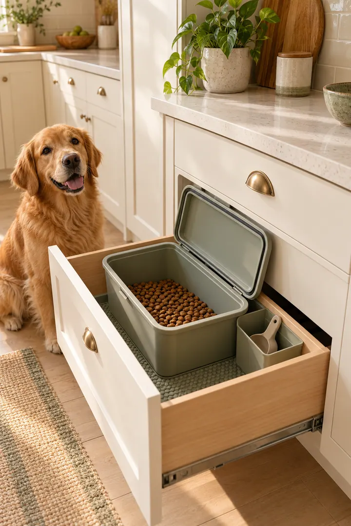 Deep kitchen drawer containing an airtight lift-out pet-food bin, separate scoop pocket, and washable liner.