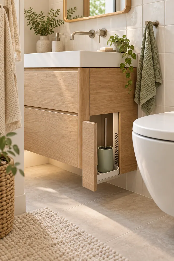 Small bathroom vanity with a plinth dock pulled open to reveal a ventilated toilet-brush holder and tray.