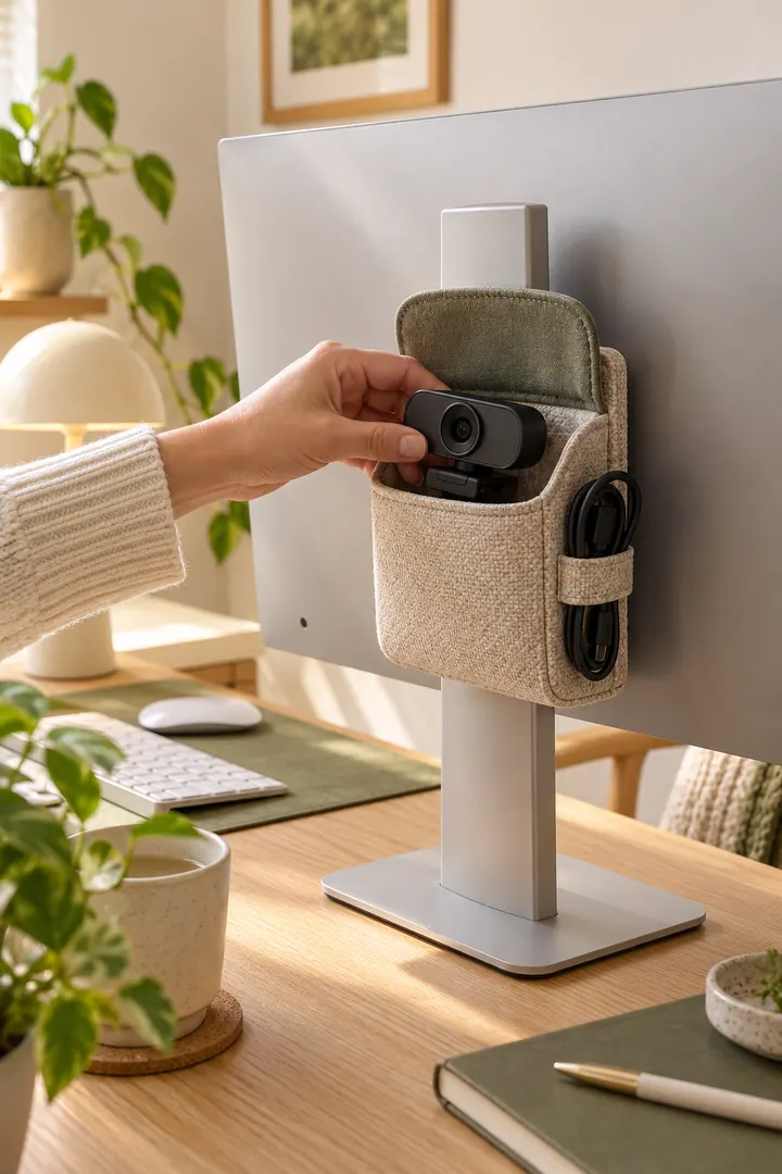 Hand placing a detachable webcam into a padded pocket behind a monitor stand on a compact desk.