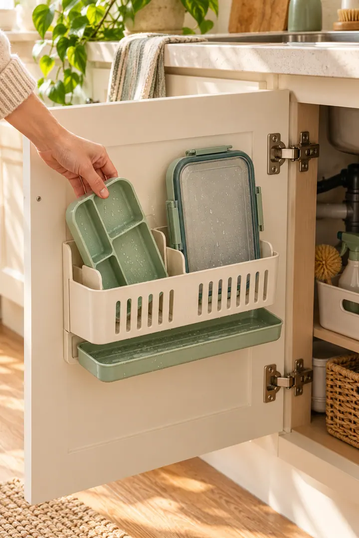 Hand placing a washed lunch-box divider into a vented drying cassette inside a kitchen cabinet door.
