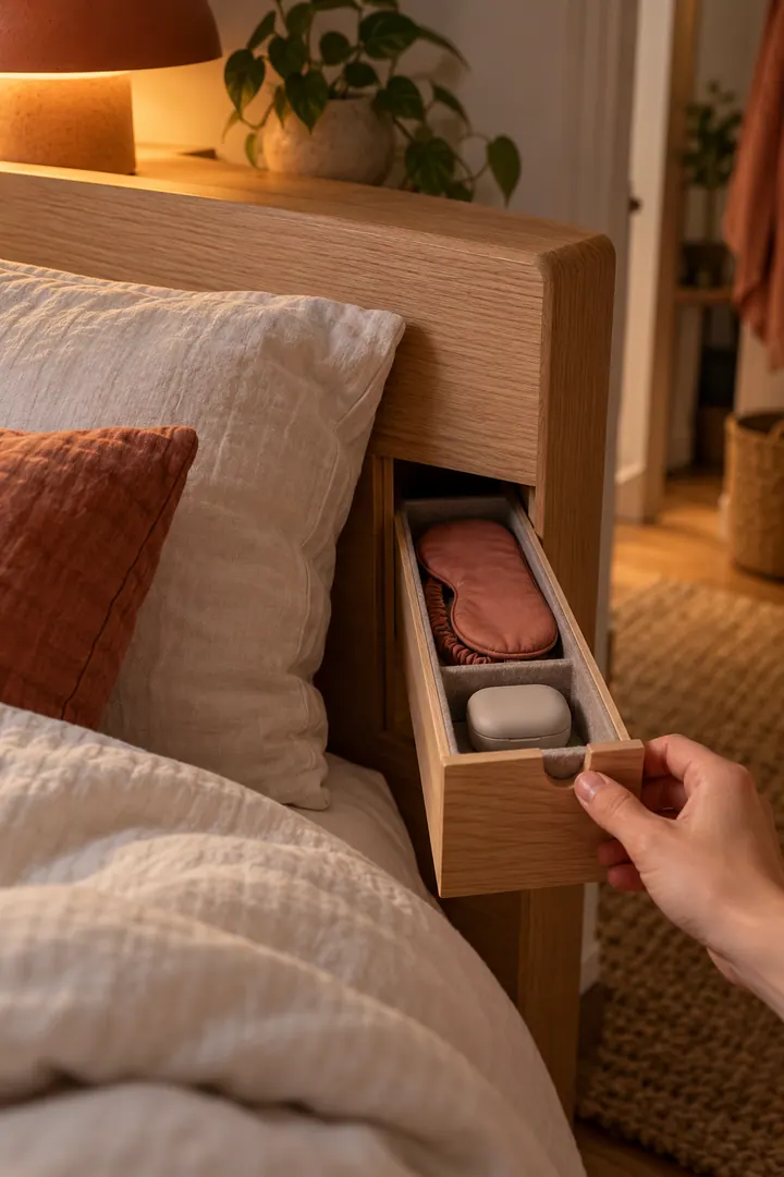 Hand opening a tiny fabric-lined headboard drawer containing a sleep mask and closed earplug case.