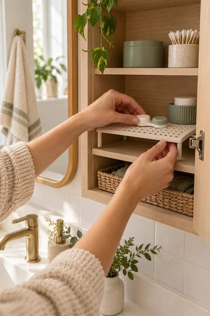 Clean hands placing an empty open contact-lens case upside down on a perforated cabinet drying perch.