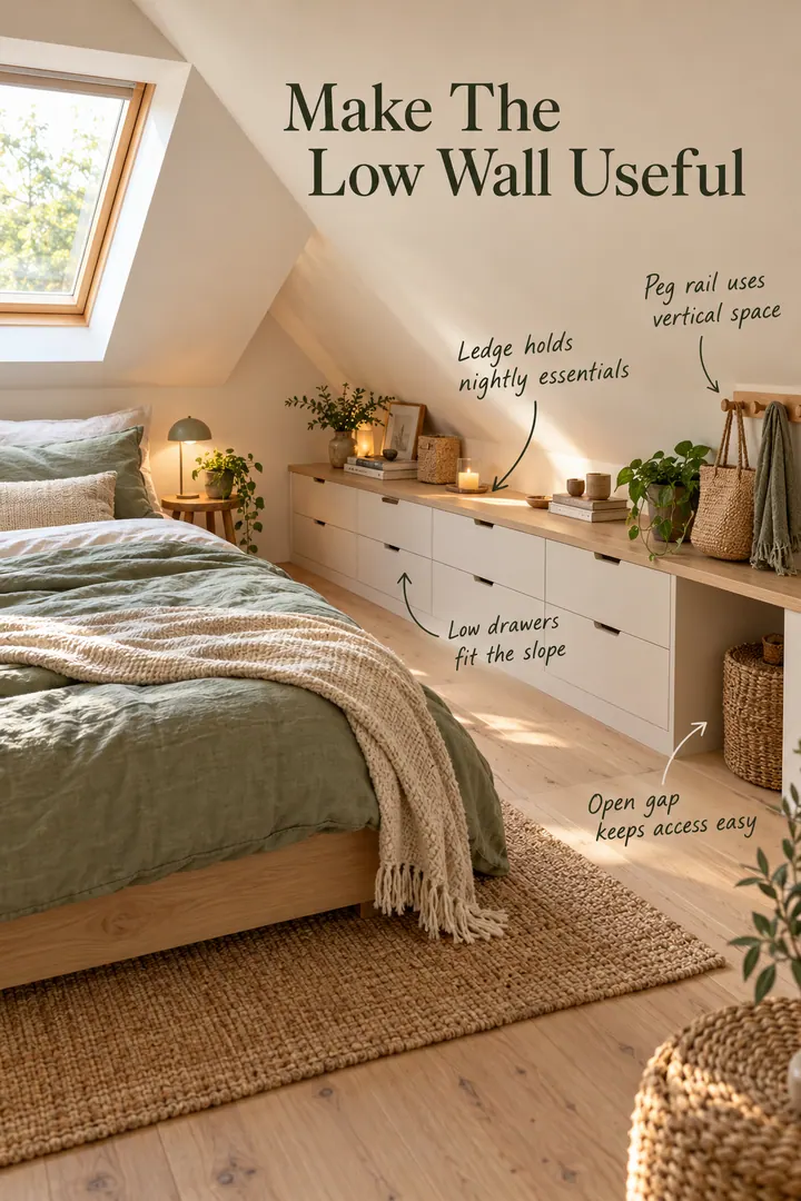 Compact attic bedroom with low oak drawers, a narrow ledge, and a peg rail arranged beneath a sloped ceiling.