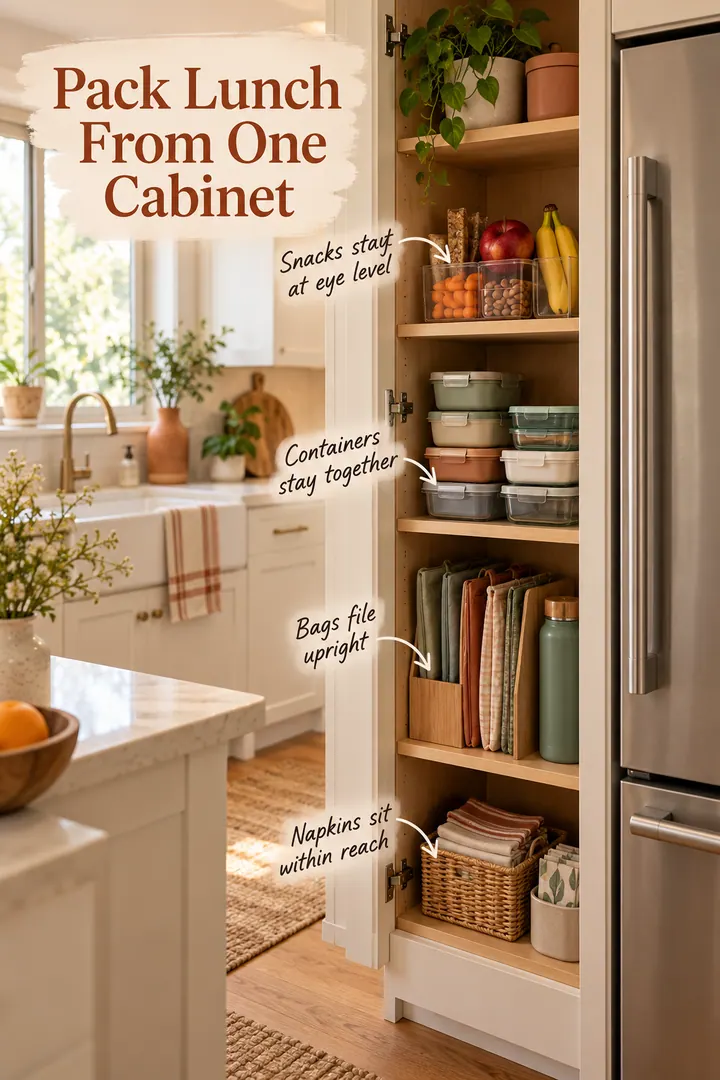 Open narrow kitchen cabinet beside a refrigerator organized with lunch containers, bags, napkins, and snacks.