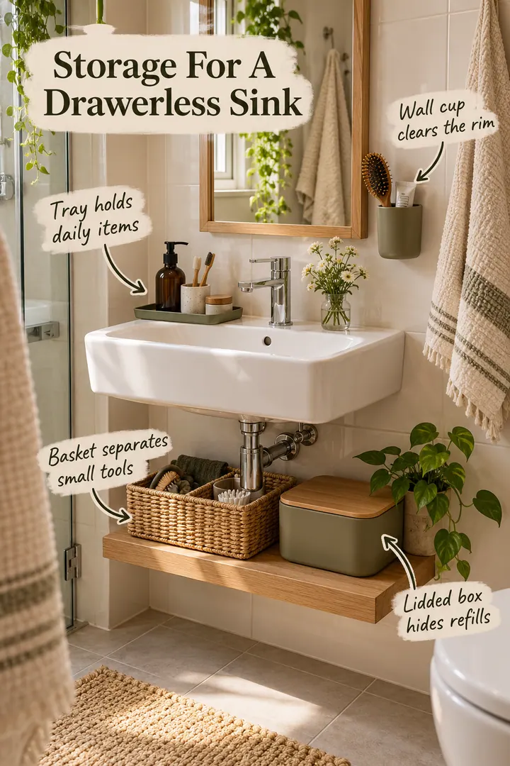 Tiny drawerless bathroom sink with a daily tray, divided shelf basket, wall cup, and lidded refill box.