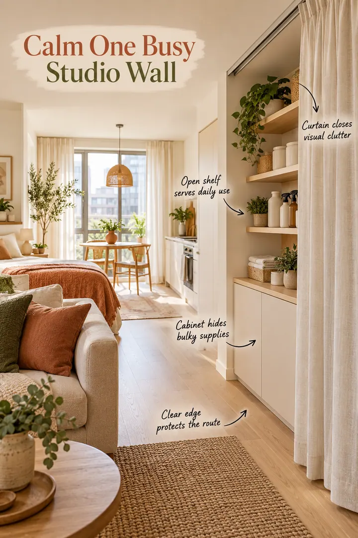 Compact studio utility wall with open shelves, a low cabinet, and a ceiling-height linen curtain.