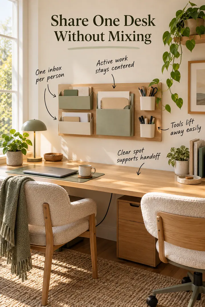 Compact shared desk with separate wall inboxes, a central project pocket, and removable tool cups.