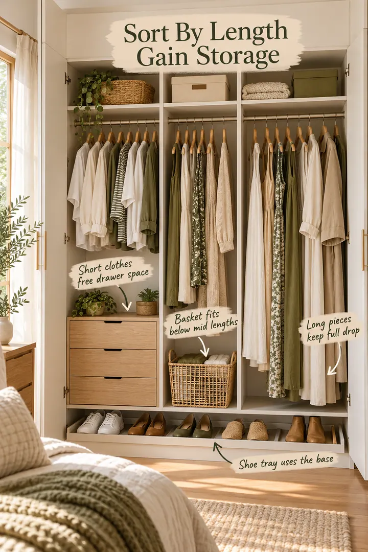 Open narrow wardrobe with clothing grouped by length above drawers, a basket, and a slim shoe tray.