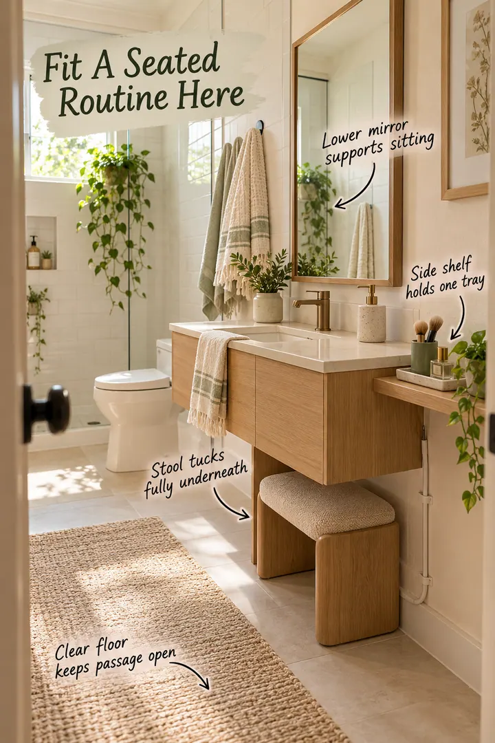 Tiny bathroom vanity with a tuck-under stool, low mirror, shallow side shelf, and clear walking space.