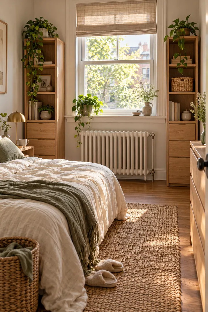Compact bedroom with two narrow oak storage towers positioned safely on either side of an unobstructed radiator.