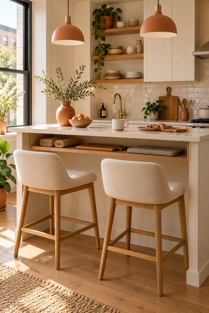 Two-seat breakfast bar with a shallow recessed shelf holding flat items above clear knee space.