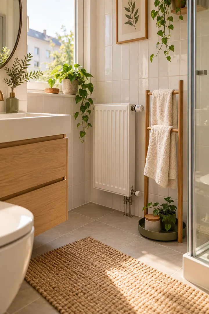 Tiny bathroom with a slim open towel stand safely separated from an unobstructed wall radiator.