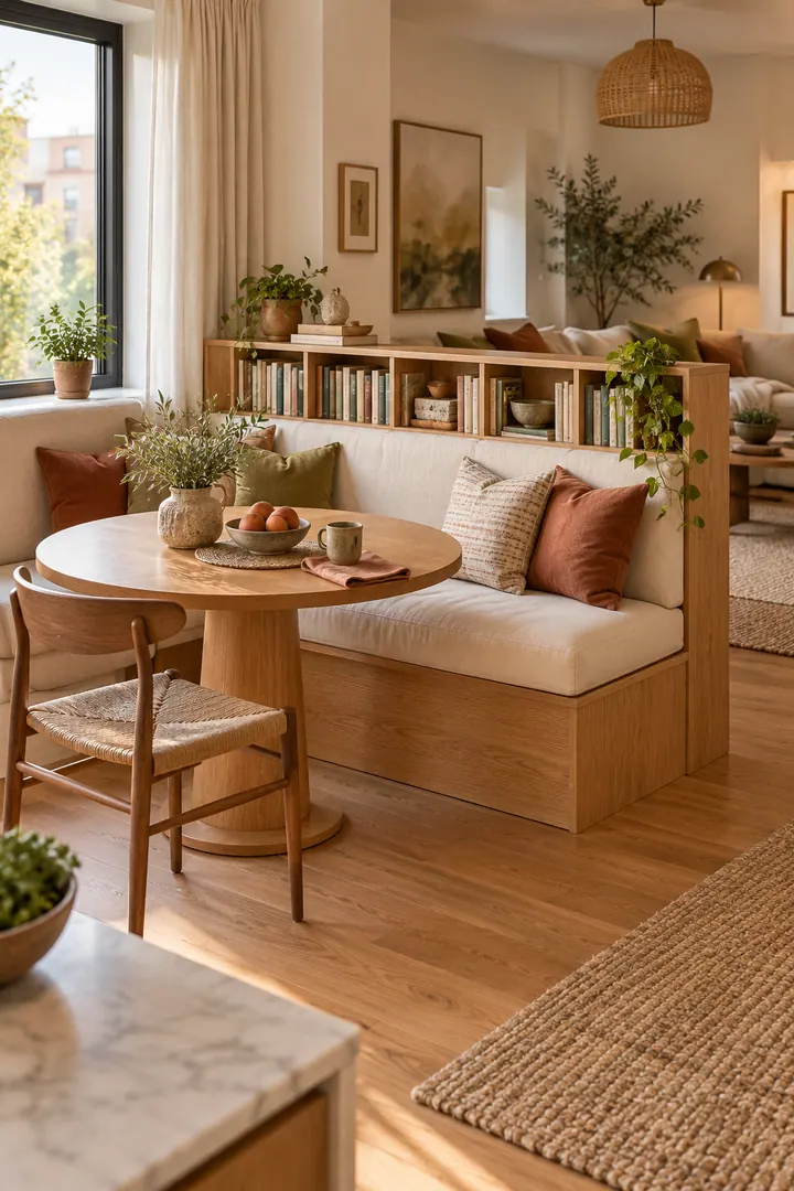Studio dining nook with a round table and upholstered bench backed by a shallow outward-facing bookcase.