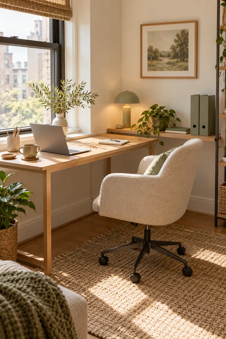 Compact oak desk with a narrow perpendicular return shelf holding a lamp and reference materials.