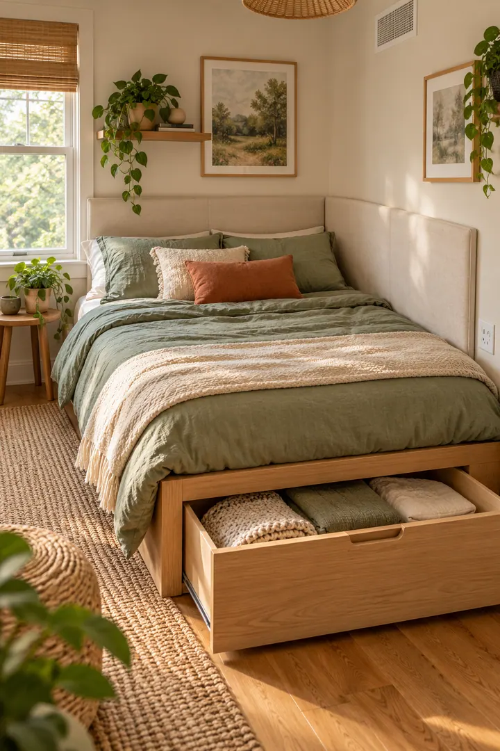 Compact corner bed wrapped by slim cream upholstered wall panels with a low drawer opening at the foot.