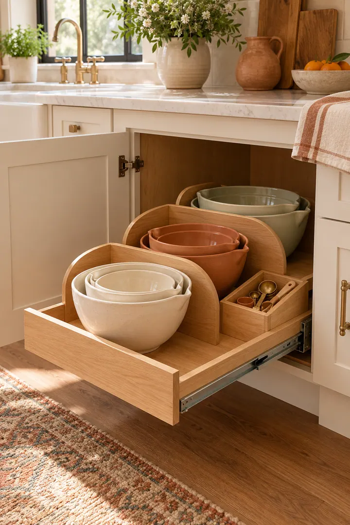 Deep lower kitchen cabinet with a pull-out platform and curved separators holding nested mixing bowls.