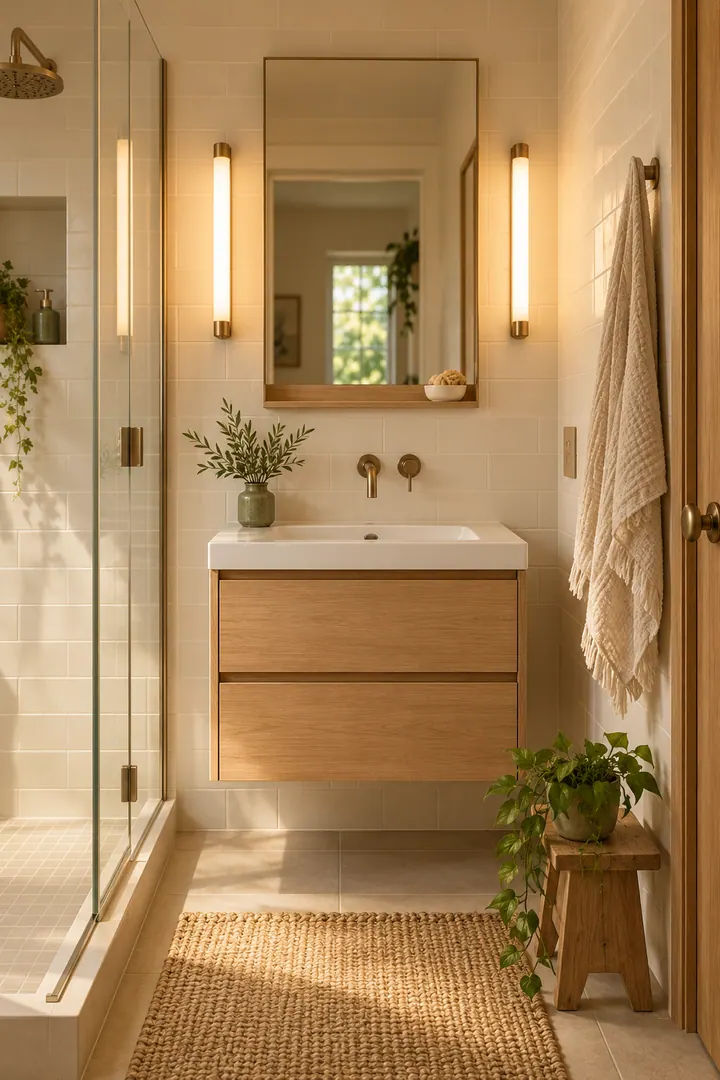 Narrow bathroom mirror flanked by slim vertical task lights above a compact wall-mounted vanity.