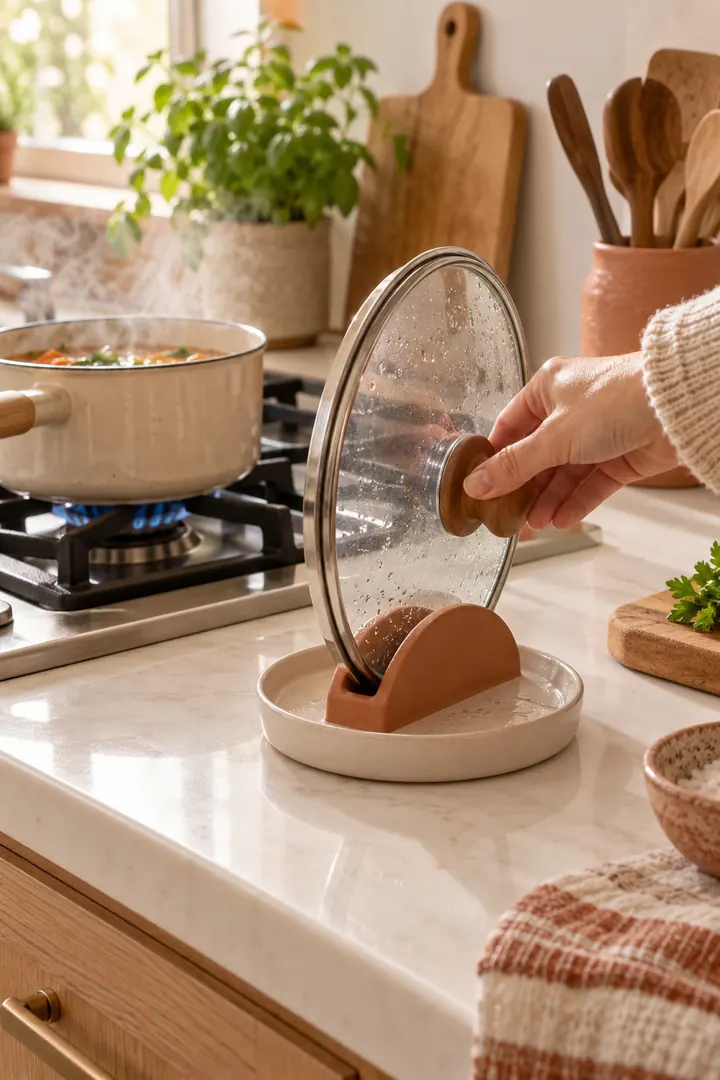 Close-up of a glass pot lid resting upright in a heatproof cradle over a small ceramic drip dish.