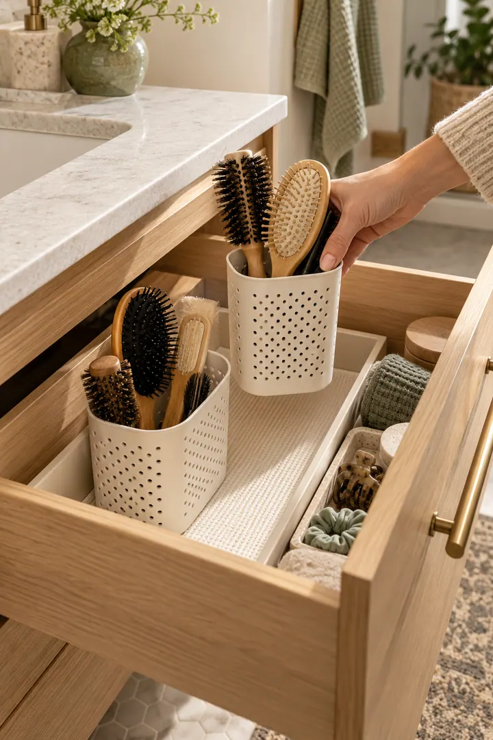 Close-up of a hand lifting a perforated hairbrush cup from a lined light-oak vanity drawer.