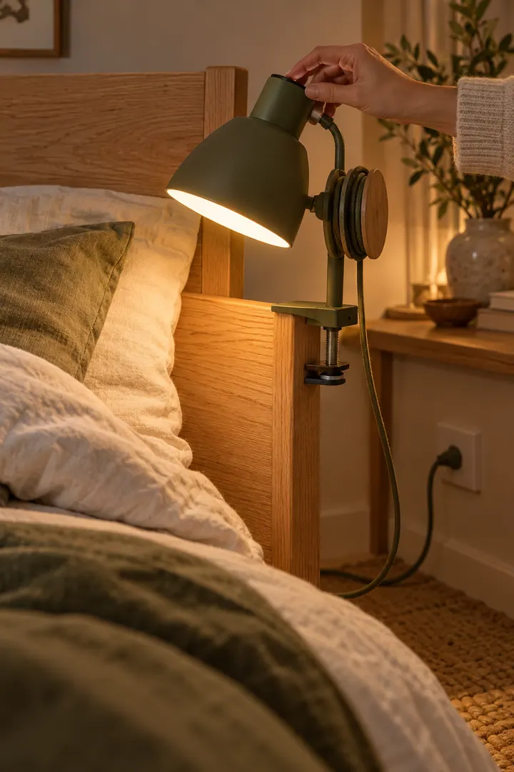 Close-up of a clamp-on bedside lamp with excess cord managed around a smooth spool behind the bed frame.
