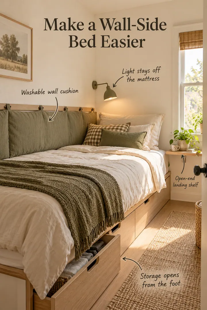 Compact warm bedroom with a wall-side bed, washable wall cushion, mounted lamp, end shelf, and foot-access storage.