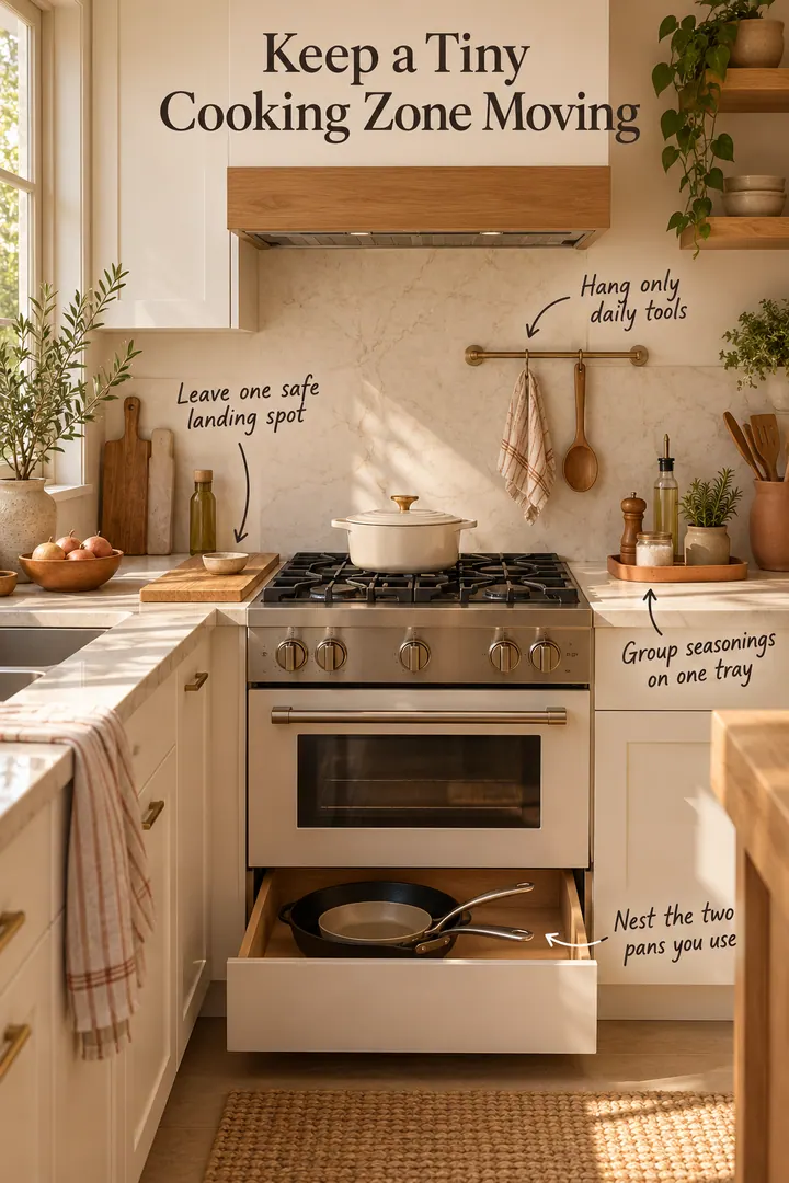 Small warm kitchen with a clear stove-side landing board, short utensil rail, nested pans, and seasoning tray.