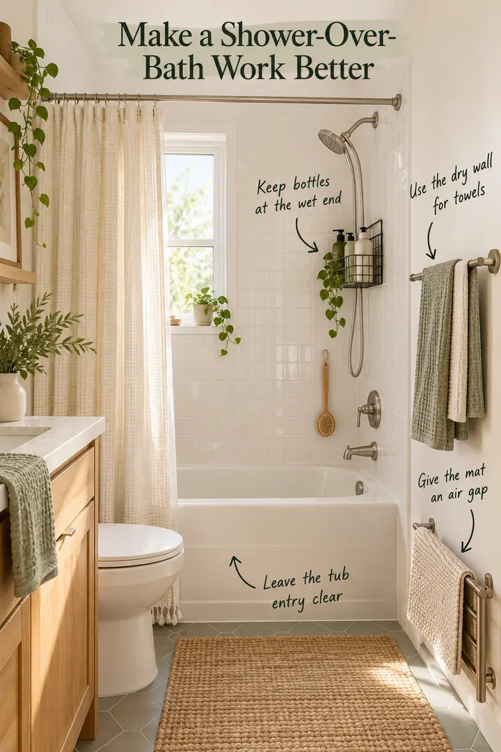Compact shower-over-bath with end-wall shelf, draining bottle basket, dry-wall towel bar, and ventilated mat rail.